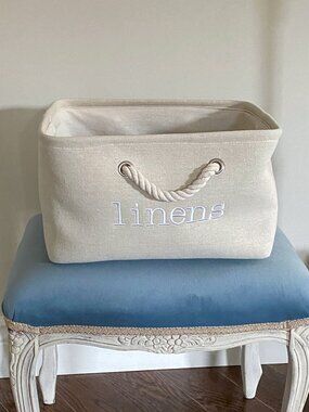 Neutral Linen Storage Basket Fabric Bin Rope Handles Home Organizer